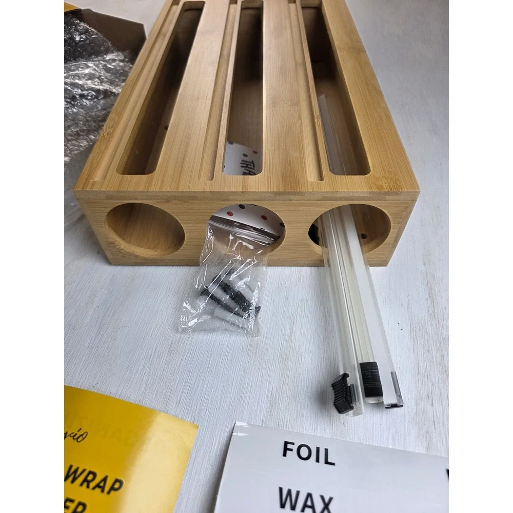 Losvio Bamboo Kitchen Wrap Dispenser 3 in 1 Organizer with Cutter and Labels